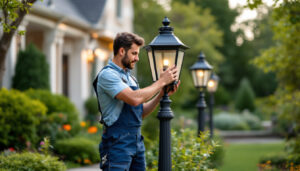 A photograph of a skilled lighting contractor expertly installing or adjusting post lanterns in a beautifully landscaped outdoor setting