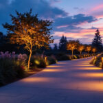 A photograph of a beautifully illuminated walkway at dusk