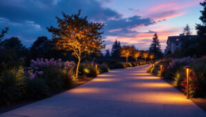 A photograph of a beautifully illuminated walkway at dusk