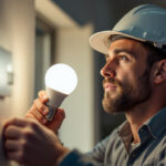 A photograph of a lighting contractor examining or installing an 18-watt led pl lamp in a commercial or residential setting
