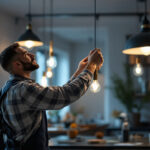 A photograph of a skilled lighting contractor at work