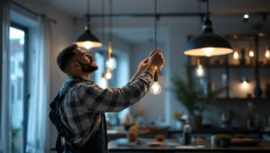 A photograph of a skilled lighting contractor at work