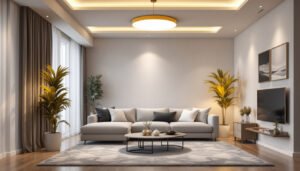 A photograph of a well-lit room showcasing various styles of recessed lighting trims in use