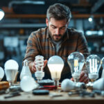 A photograph of a lighting contractor examining various sizes and types of led bulbs on a workbench