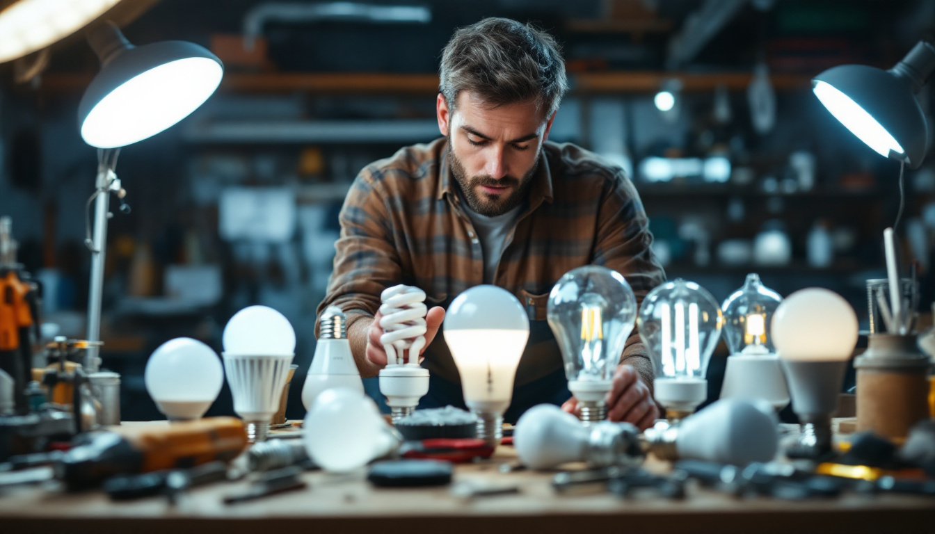 A photograph of a lighting contractor examining various sizes and types of led bulbs on a workbench