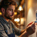 A photograph of a skilled lighting contractor expertly installing a plug-in switch in a modern home setting
