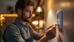 A photograph of a skilled lighting contractor expertly installing a plug-in switch in a modern home setting