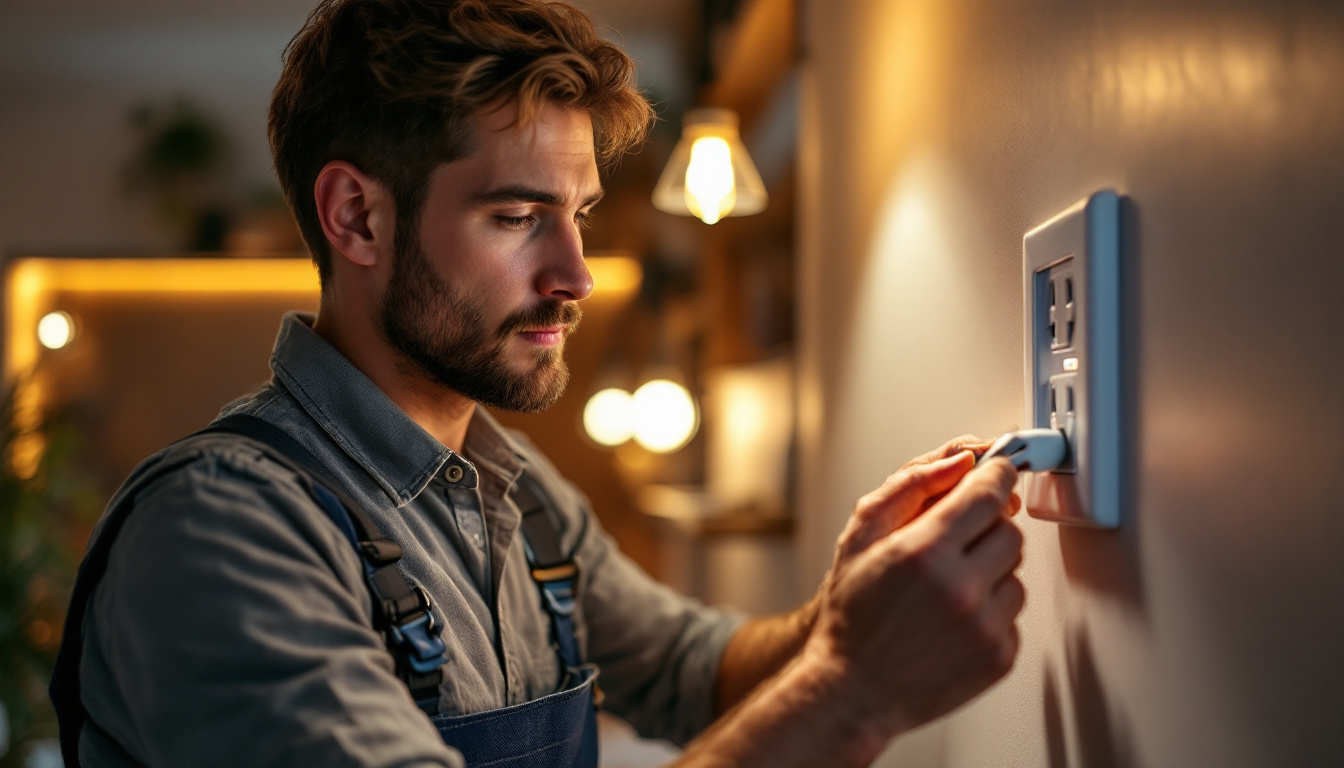 A photograph of a skilled lighting contractor expertly installing a plug-in switch in a modern home setting