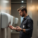 A photograph of a lighting contractor inspecting a modern hand dryer installation in a commercial restroom