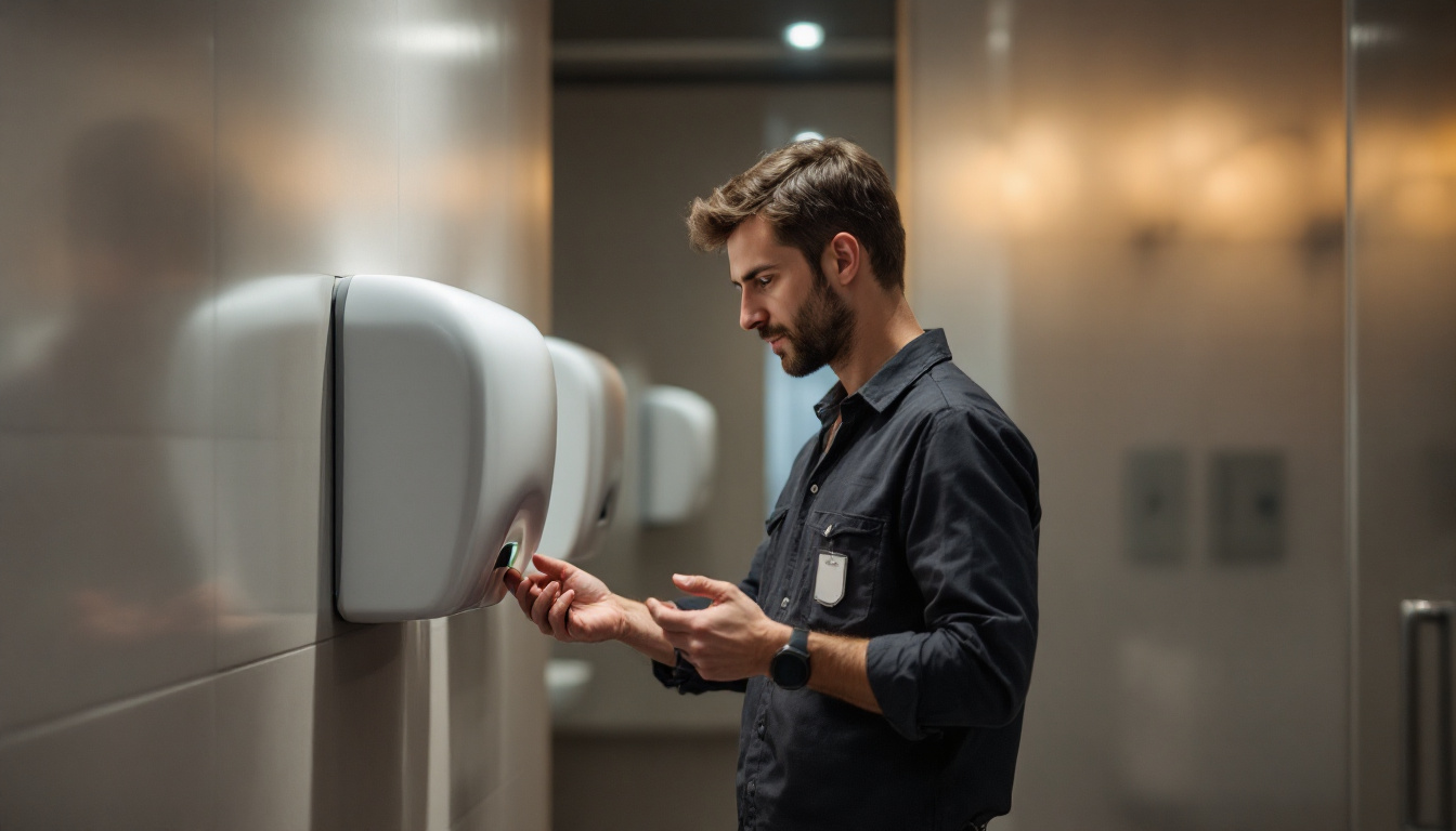 A photograph of a lighting contractor inspecting a modern hand dryer installation in a commercial restroom