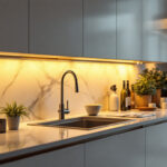 A photograph of a well-lit kitchen featuring stylish under-cabinet lighting that highlights the countertops and creates an inviting atmosphere