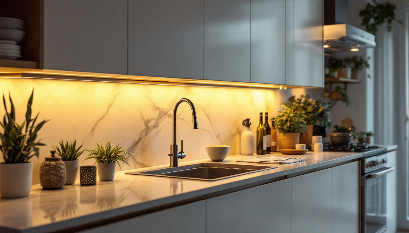 A photograph of a well-lit kitchen featuring stylish under-cabinet lighting that highlights the countertops and creates an inviting atmosphere