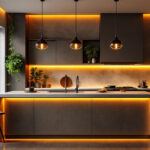 A photograph of a beautifully designed kitchen featuring elegant island lighting
