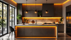 A photograph of a beautifully designed kitchen featuring elegant island lighting
