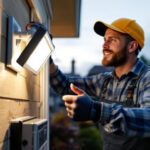 A photograph of a lighting contractor installing a motion sensor flood light bulb in a residential setting