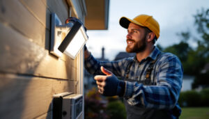 A photograph of a lighting contractor installing a motion sensor flood light bulb in a residential setting