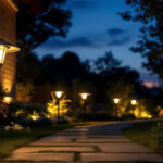 A photograph of a well-lit outdoor space featuring solar lights in action during dusk or nighttime