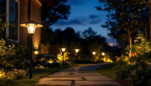A photograph of a well-lit outdoor space featuring solar lights in action during dusk or nighttime