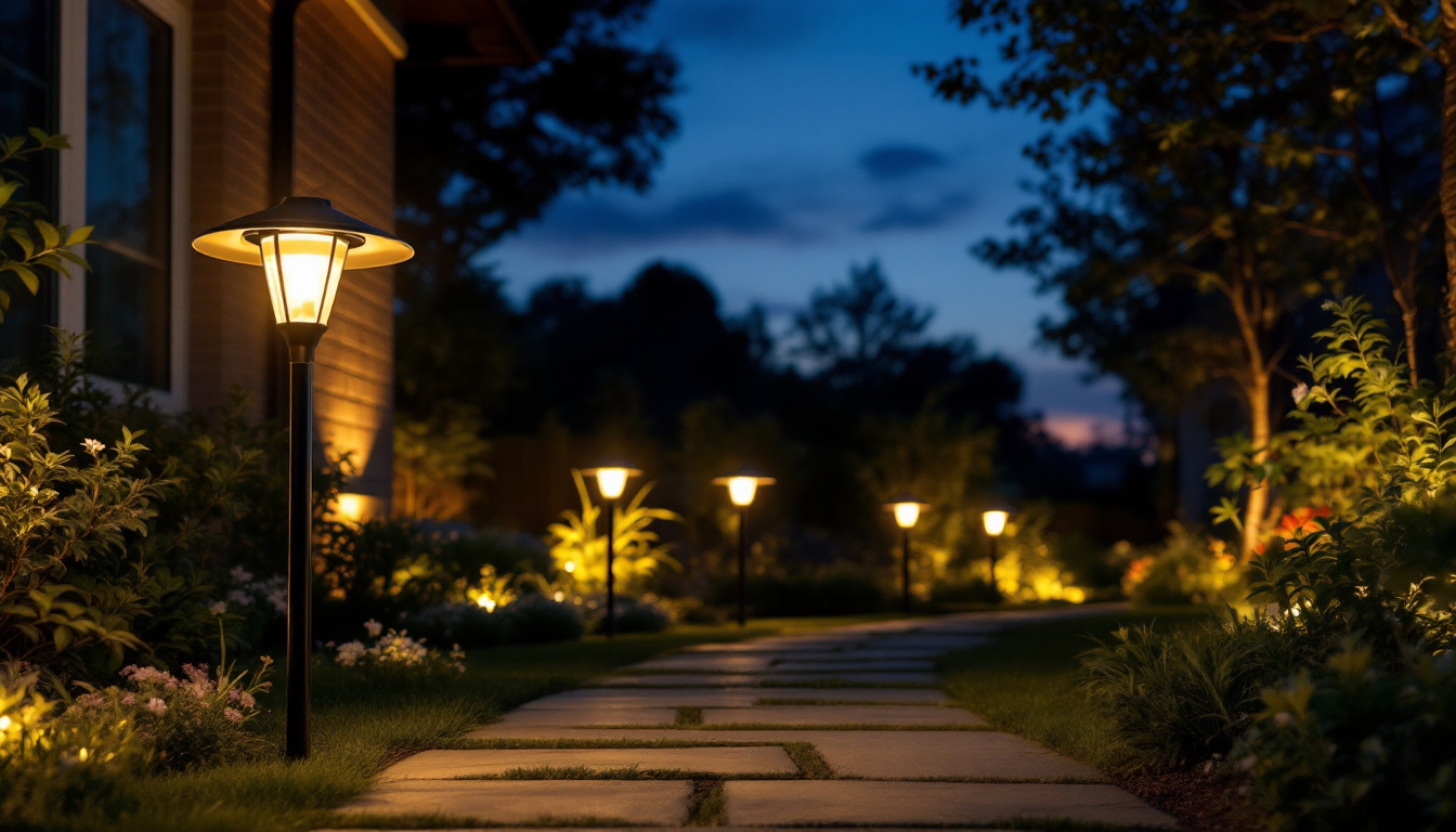 A photograph of a well-lit outdoor space featuring solar lights in action during dusk or nighttime