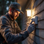 A photograph of a professional electrician or contractor installing the exterior2 gang extender in a residential setting