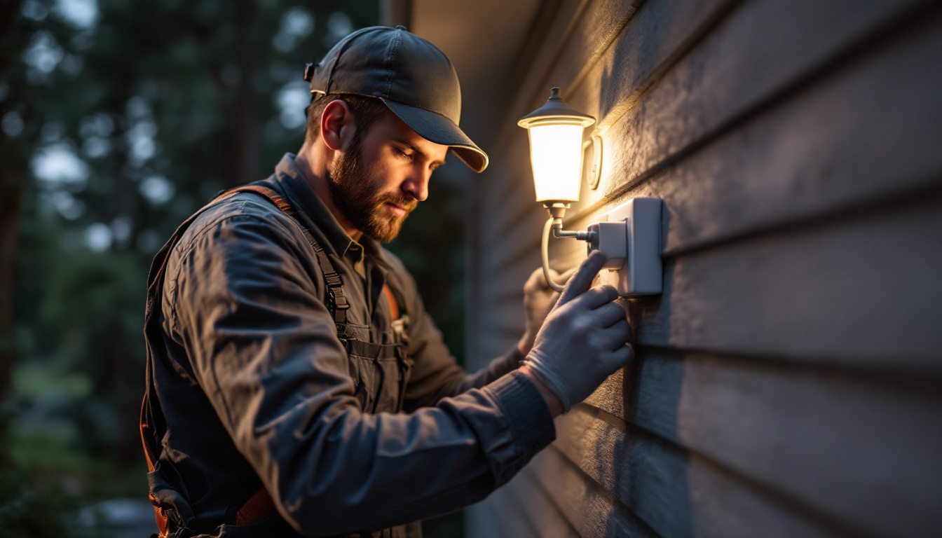 A photograph of a professional electrician or contractor installing the exterior2 gang extender in a residential setting