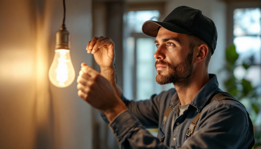 A photograph of a lighting contractor expertly installing or adjusting a type a light bulb in a residential or commercial setting