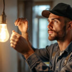 A photograph of a lighting contractor expertly installing or adjusting a type a light bulb in a residential or commercial setting