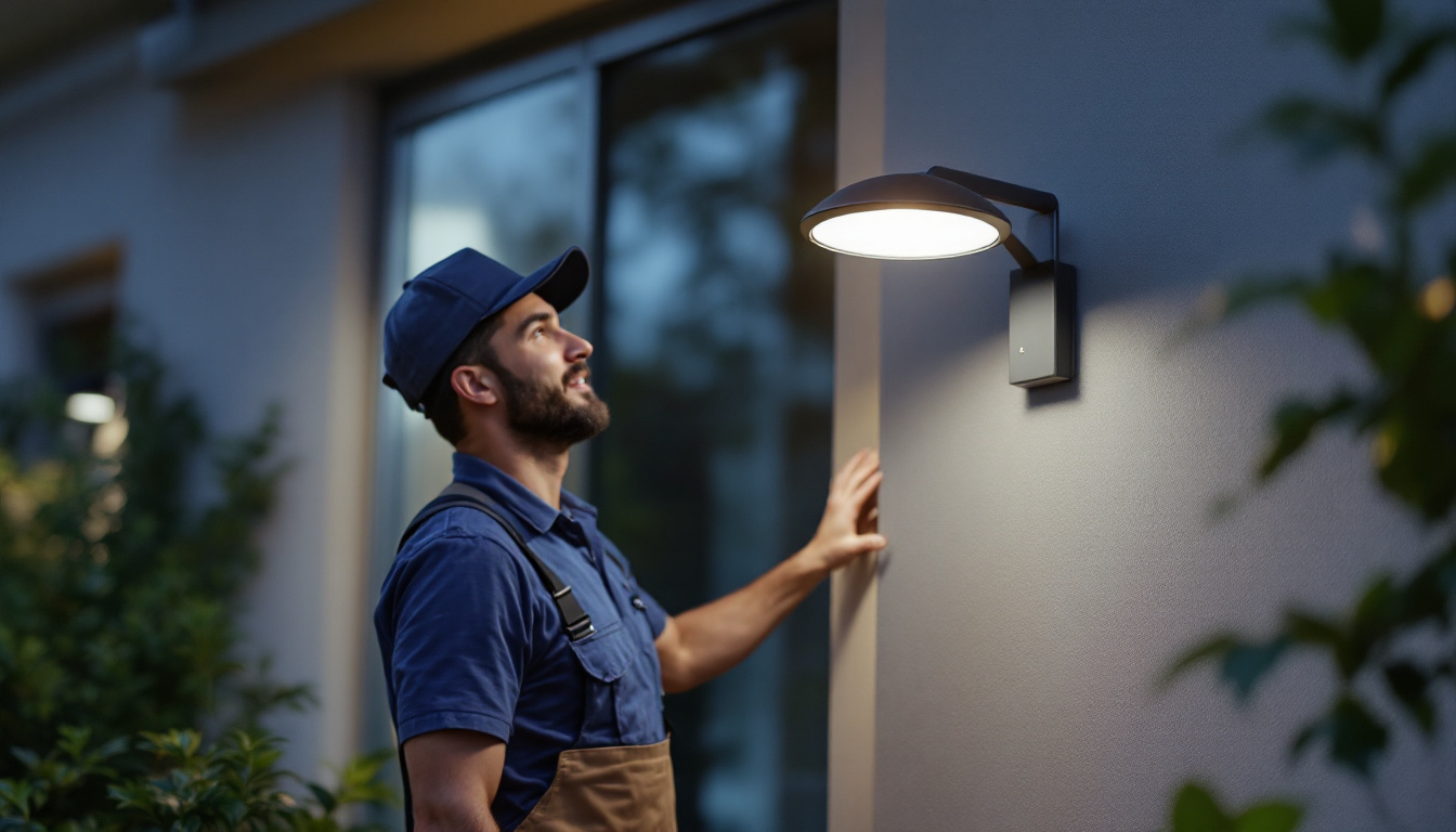 A photograph of a lighting contractor installing a dusk to dawn lamp in an outdoor setting
