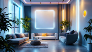 A photograph of a vibrant and dynamic scene showcasing various applications of strip lights in modern interior and exterior settings