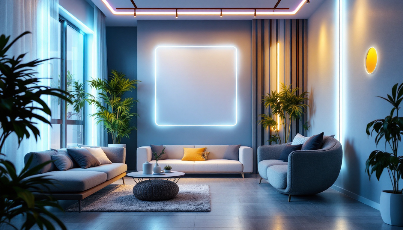 A photograph of a vibrant and dynamic scene showcasing various applications of strip lights in modern interior and exterior settings