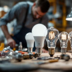 A photograph of a lighting contractor in action