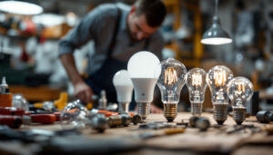 A photograph of a lighting contractor in action