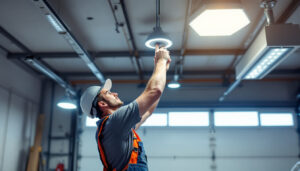 A photograph of a well-lit garage showcasing modern led ceiling lights in action