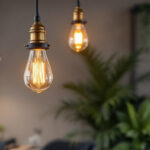 A photograph of a stylish industrial pendant light hanging in a modern workspace