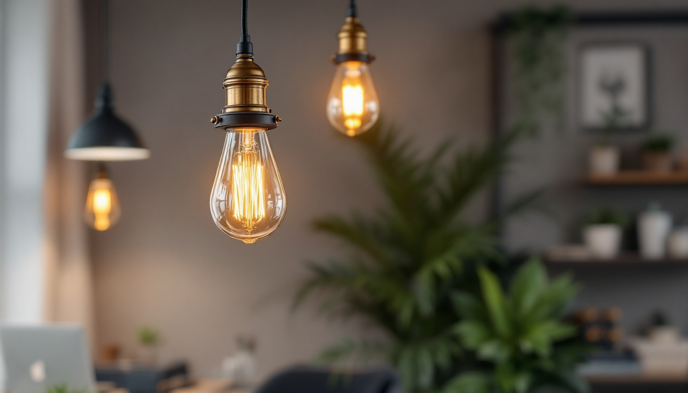 A photograph of a stylish industrial pendant light hanging in a modern workspace