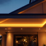 A photograph of a beautifully designed roof overhang featuring recessed lights