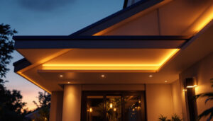 A photograph of a beautifully designed roof overhang featuring recessed lights