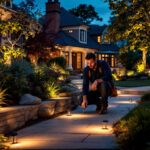 A photograph of a beautifully lit outdoor space showcasing a variety of landscaping light fixtures in use