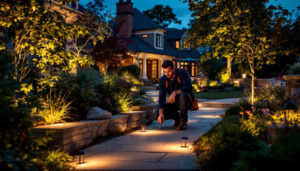 A photograph of a beautifully lit outdoor space showcasing a variety of landscaping light fixtures in use