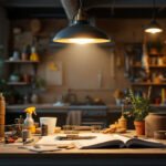 A photograph of a well-lit workspace featuring a hanging work light in action