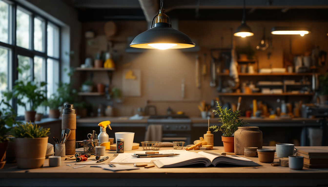 A photograph of a well-lit workspace featuring a hanging work light in action