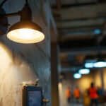 A photograph of a lighting contractor installing an emergency light fixture in a commercial setting