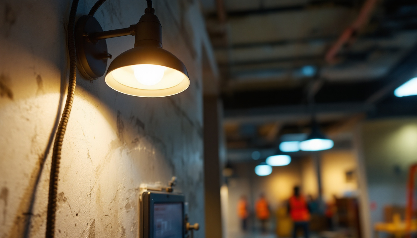 A photograph of a lighting contractor installing an emergency light fixture in a commercial setting