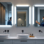 A photograph of a well-lit bathroom vanity featuring modern led vanity lights