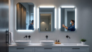 A photograph of a well-lit bathroom vanity featuring modern led vanity lights