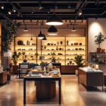A photograph of a well-lit retail store interior showcasing various lighting fixtures in use