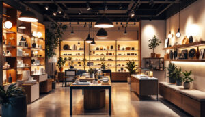 A photograph of a well-lit retail store interior showcasing various lighting fixtures in use