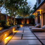 A photograph of a beautifully landscaped outdoor space featuring well-placed recessed lighting