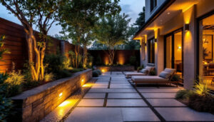 A photograph of a beautifully landscaped outdoor space featuring well-placed recessed lighting