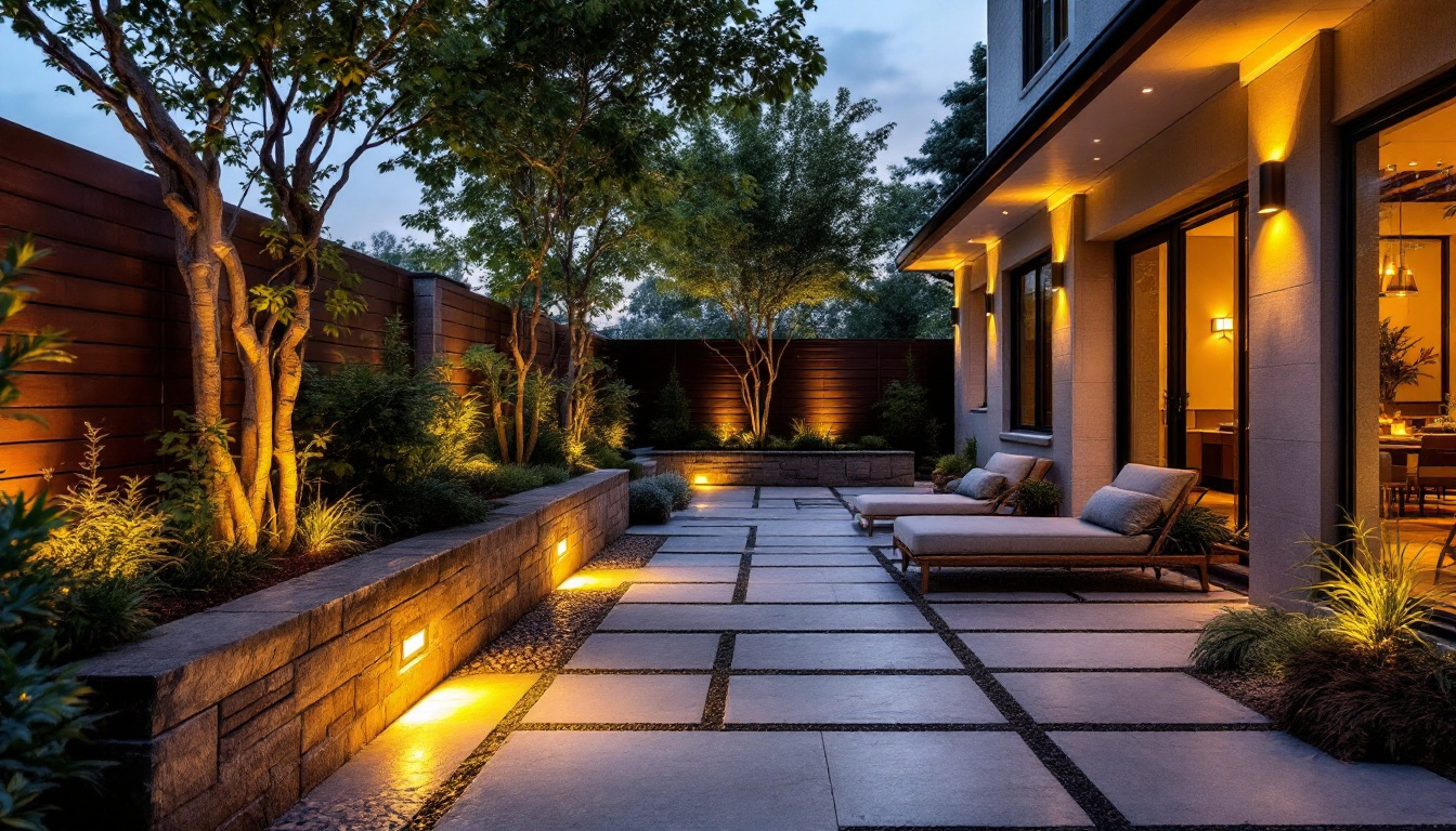 A photograph of a beautifully landscaped outdoor space featuring well-placed recessed lighting